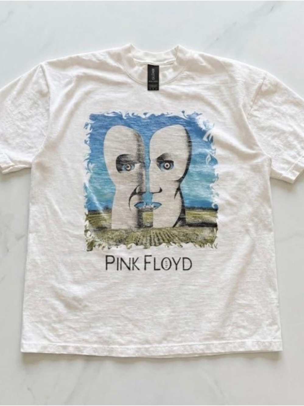 Gildan White Tee with Blue and Green Pink Floyd Graphic